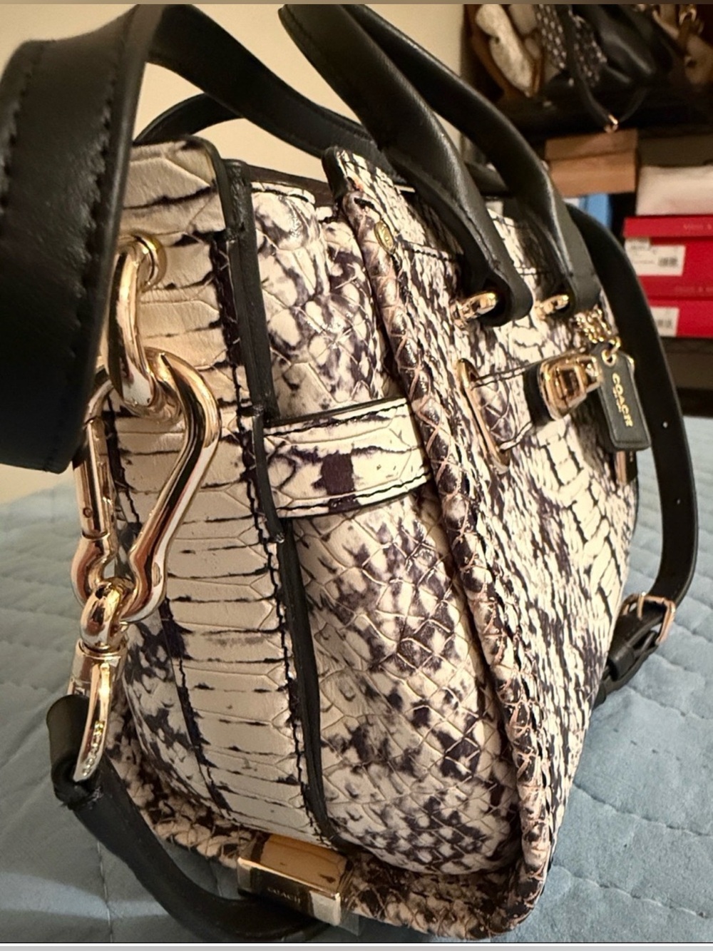 Coach Mini Swagger Women's Black & White Python Snake-Print Satchel - Picture 9 of 12
